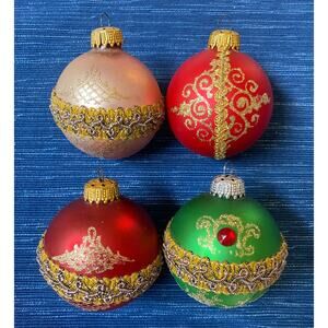 4 Vtg West Germany Glass Christmas Tree Ornament Ball Glitter Bead Ribbon Lot
